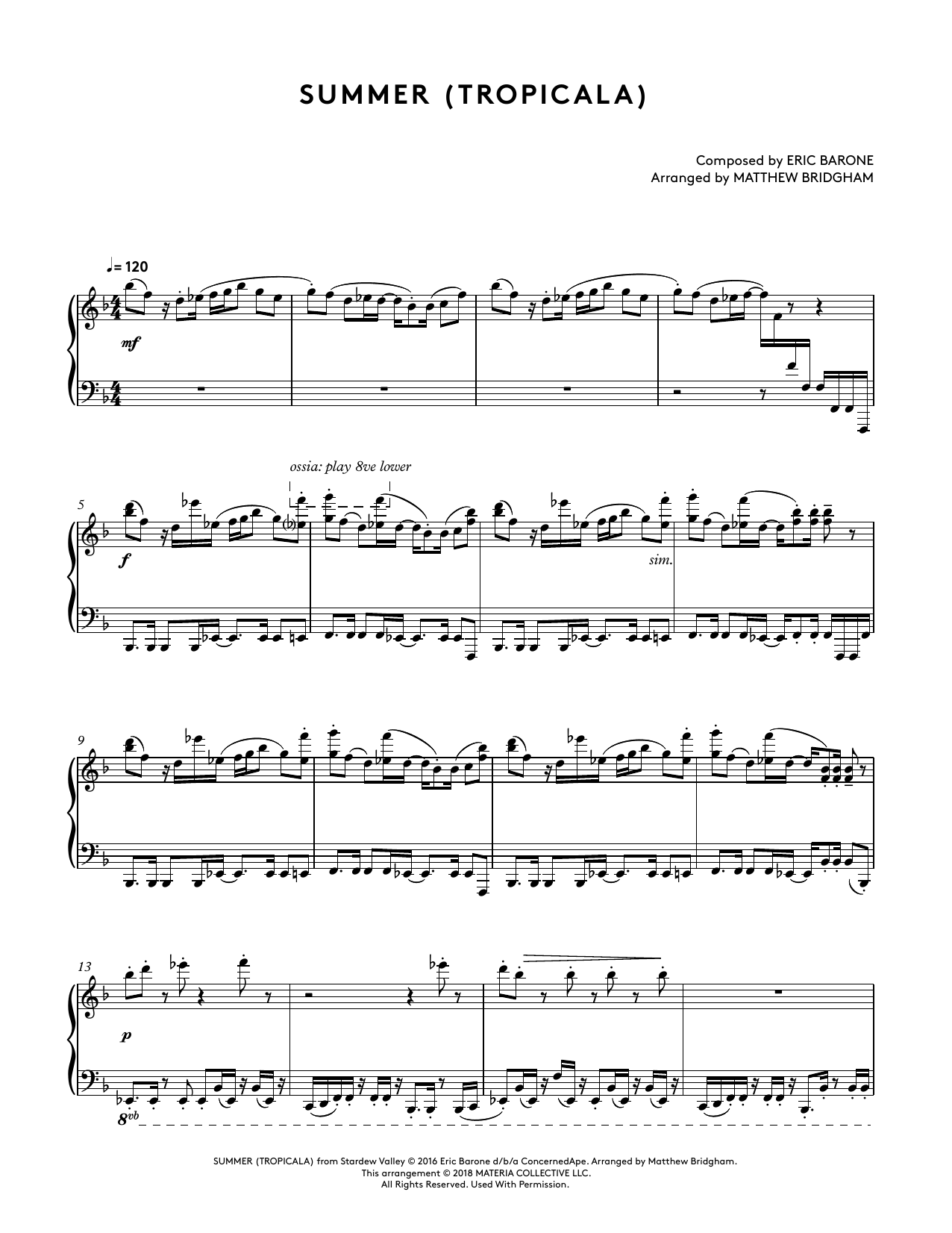 Eric Barone Summer (Tropicala) (from Stardew Valley Piano Collections) (arr. Matthew Bridgham) Sheet Music Notes & Chords for Piano Solo - Download or Print PDF