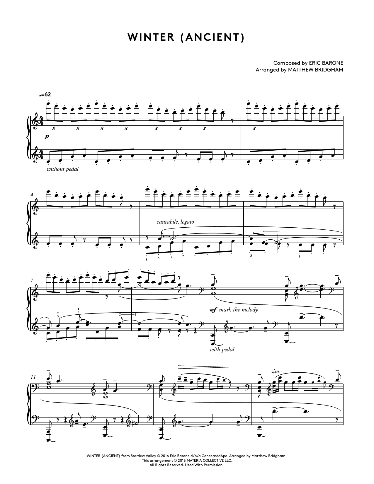 Eric Barone Winter (Ancient) (from Stardew Valley Piano Collections) (arr. Matthew Bridgham) Sheet Music Notes & Chords for Piano Solo - Download or Print PDF