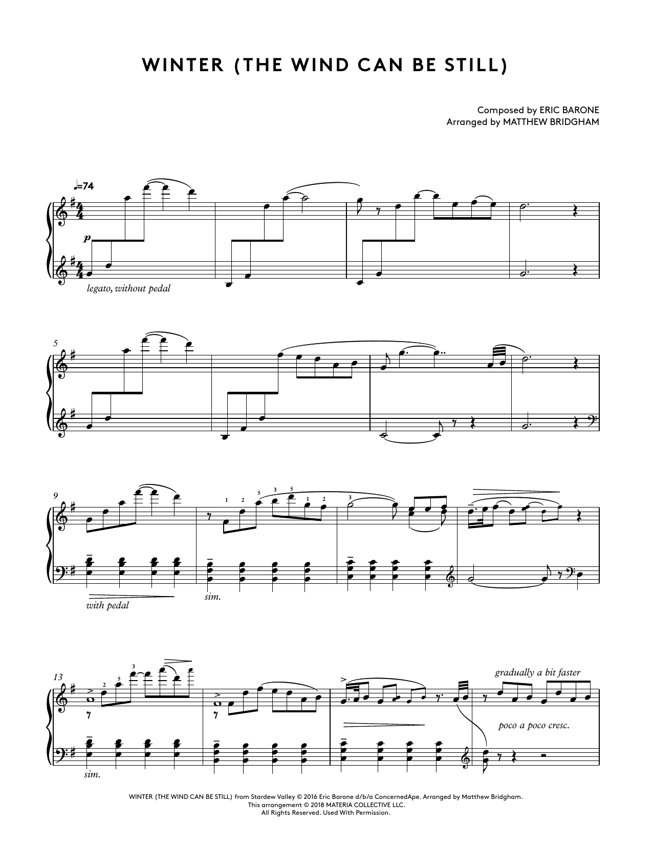 Eric Barone Winter (The Wind Can Be Still) (from Stardew Valley Piano Collections) (arr. Matthew Bridgham) Sheet Music Notes & Chords for Piano Solo - Download or Print PDF