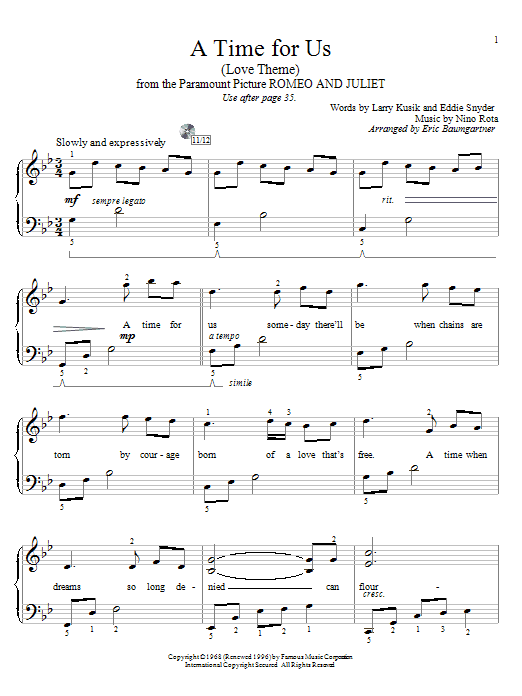 Eric Baumgartner A Time For Us (Love Theme) Sheet Music Notes & Chords for Educational Piano - Download or Print PDF