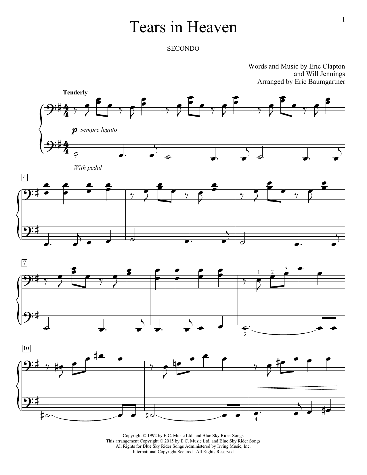 Eric Baumgartner Tears In Heaven Sheet Music Notes & Chords for Piano Duet - Download or Print PDF