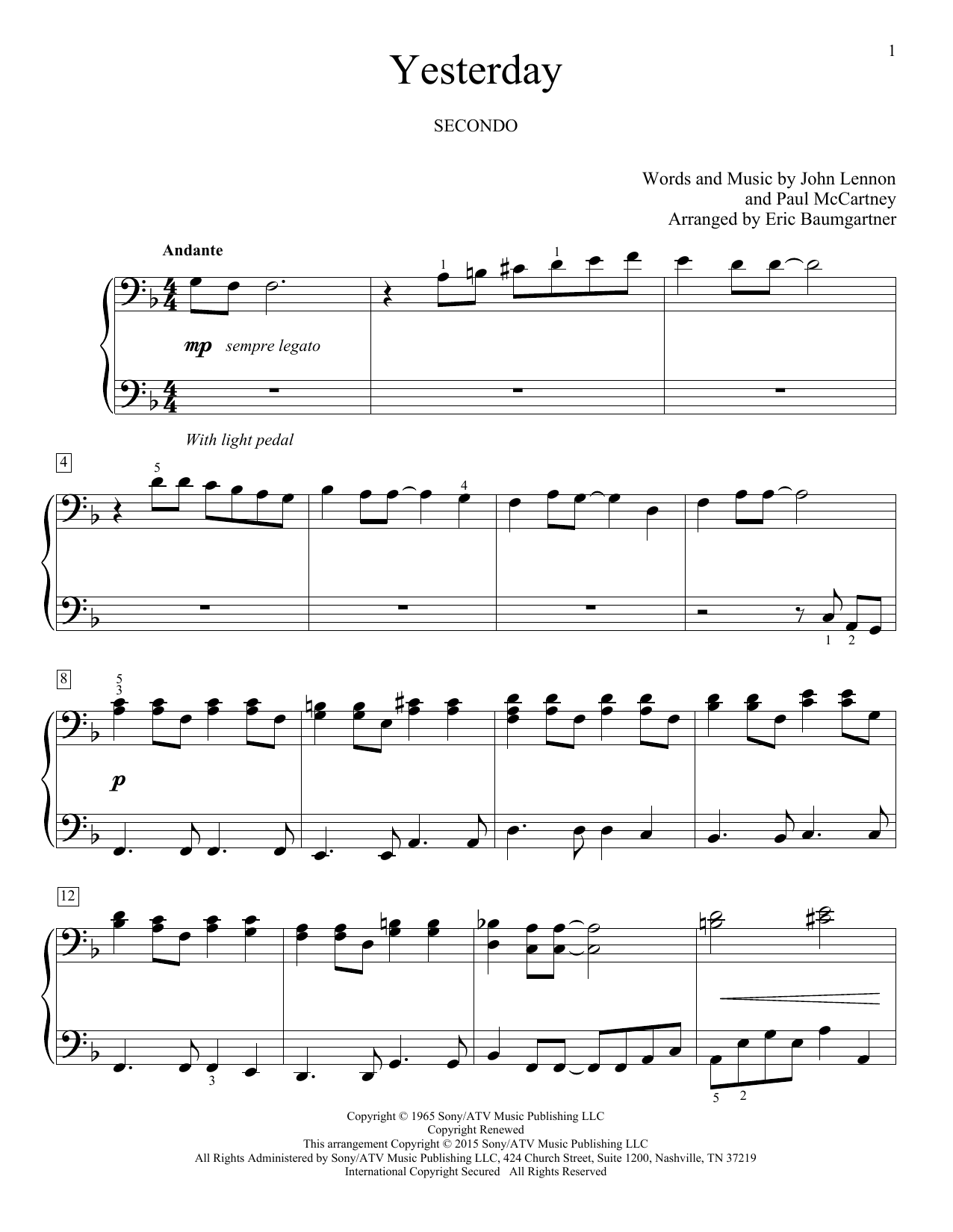 Eric Baumgartner Yesterday Sheet Music Notes & Chords for Piano Duet - Download or Print PDF