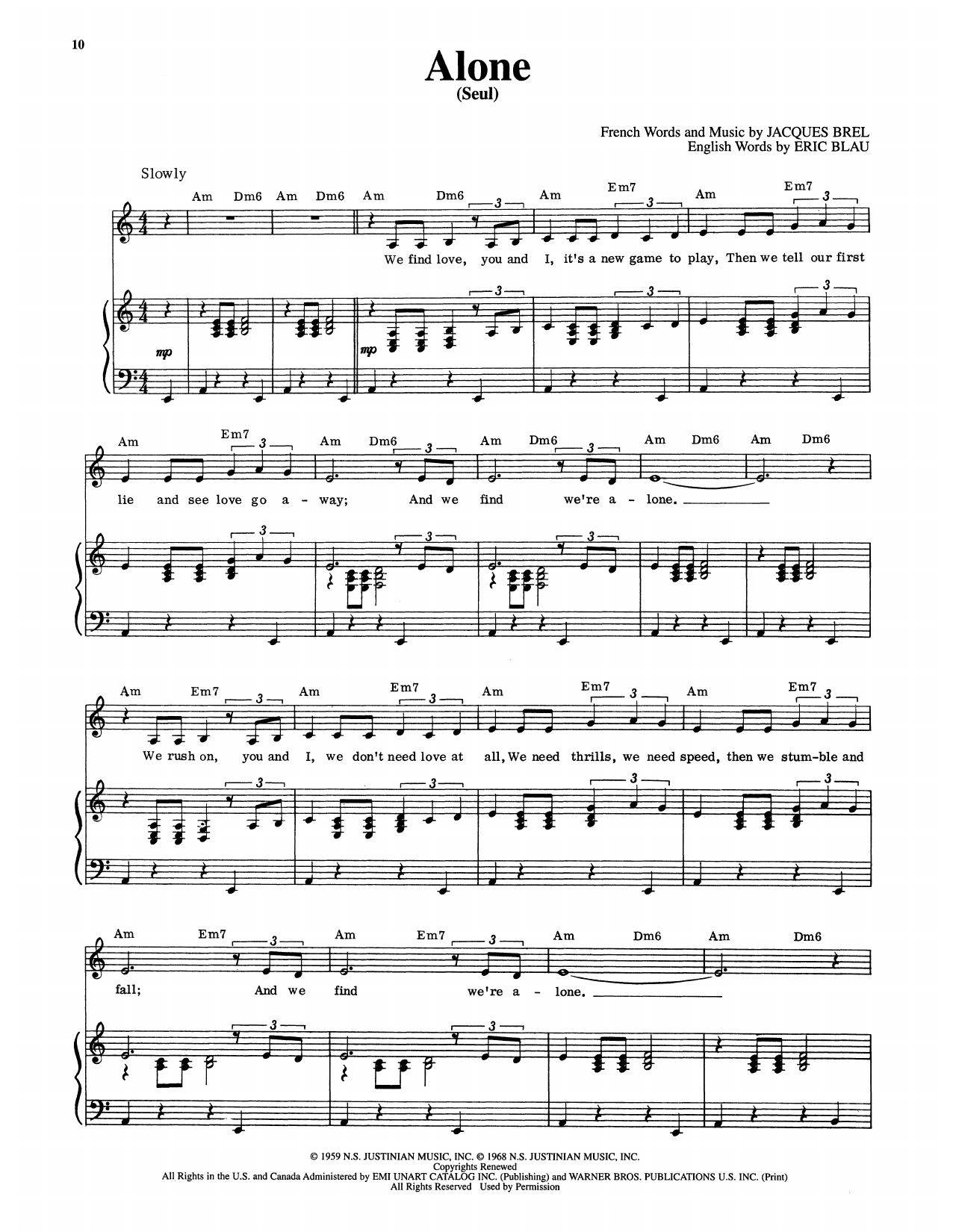 Eric Blau Alone (Seul) (from Jacques Brel Is Alive And Well And Living In Paris) Sheet Music Notes & Chords for Piano & Vocal - Download or Print PDF