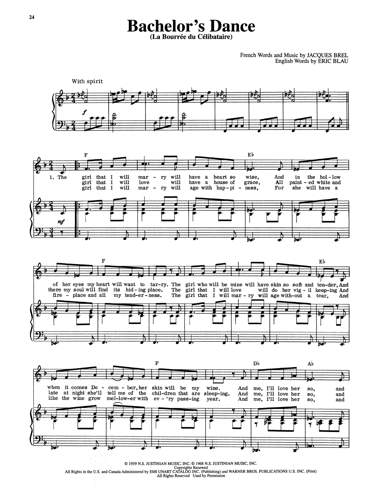 Eric Blau Bachelor's Dance (La Bourree Du Celibataire) Sheet Music Notes & Chords for Piano & Vocal - Download or Print PDF