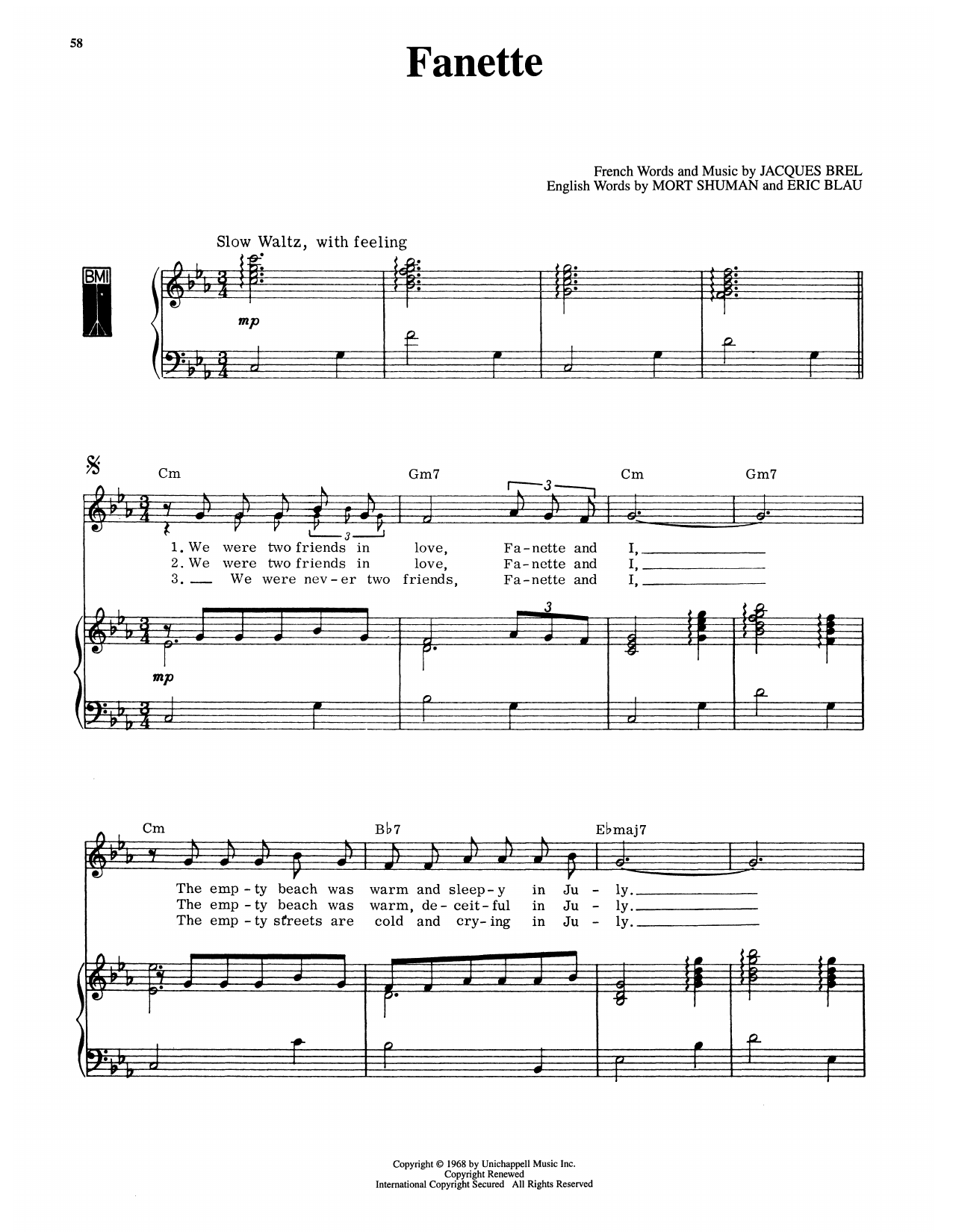 Eric Blau Fanette (from Jacques Brel Is Alive And Well And Living In Paris) Sheet Music Notes & Chords for Piano & Vocal - Download or Print PDF