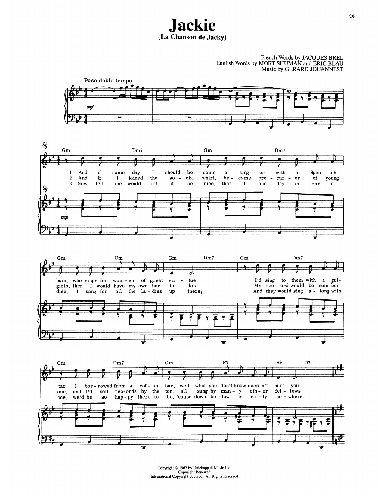 Eric Blau Jackie (La Chanson De Jacky) (from Jacques Brel Is Alive And Well And Living In Paris) Sheet Music Notes & Chords for Piano & Vocal - Download or Print PDF