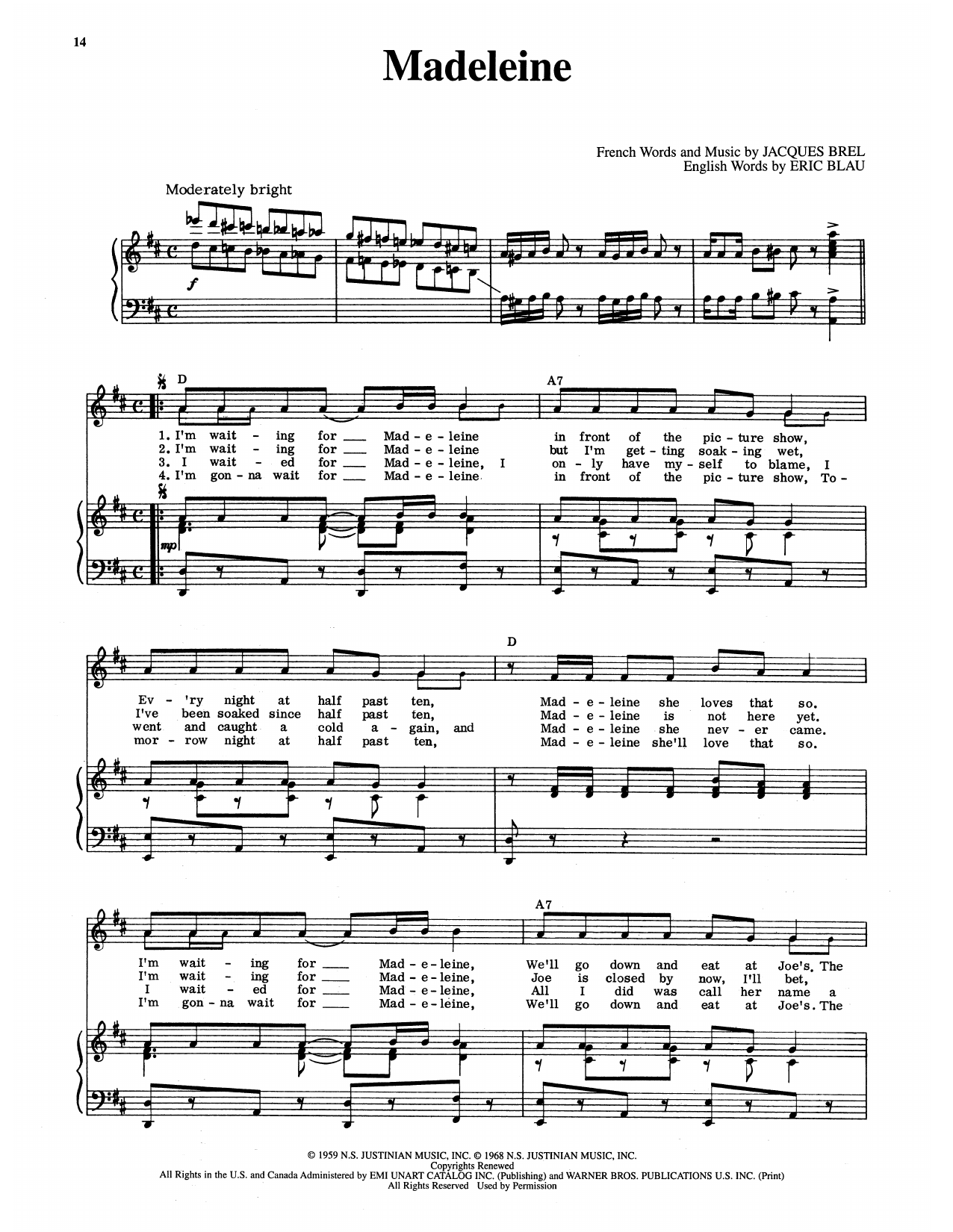 Eric Blau Madeleine (from Jacques Brel Is Alive And Well And Living In Paris) Sheet Music Notes & Chords for Piano & Vocal - Download or Print PDF