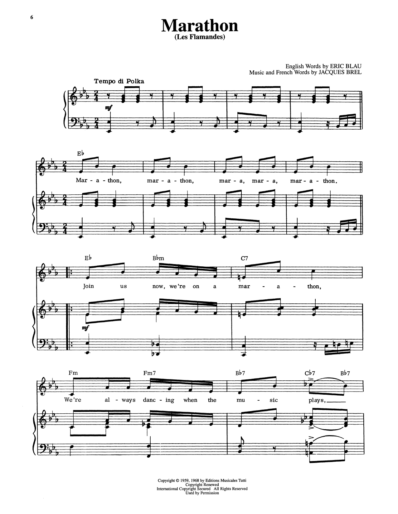 Eric Blau Marathon (Les Flamandes) (from Jacques Brel Is Alive And Well And Living In Paris) Sheet Music Notes & Chords for Piano & Vocal - Download or Print PDF