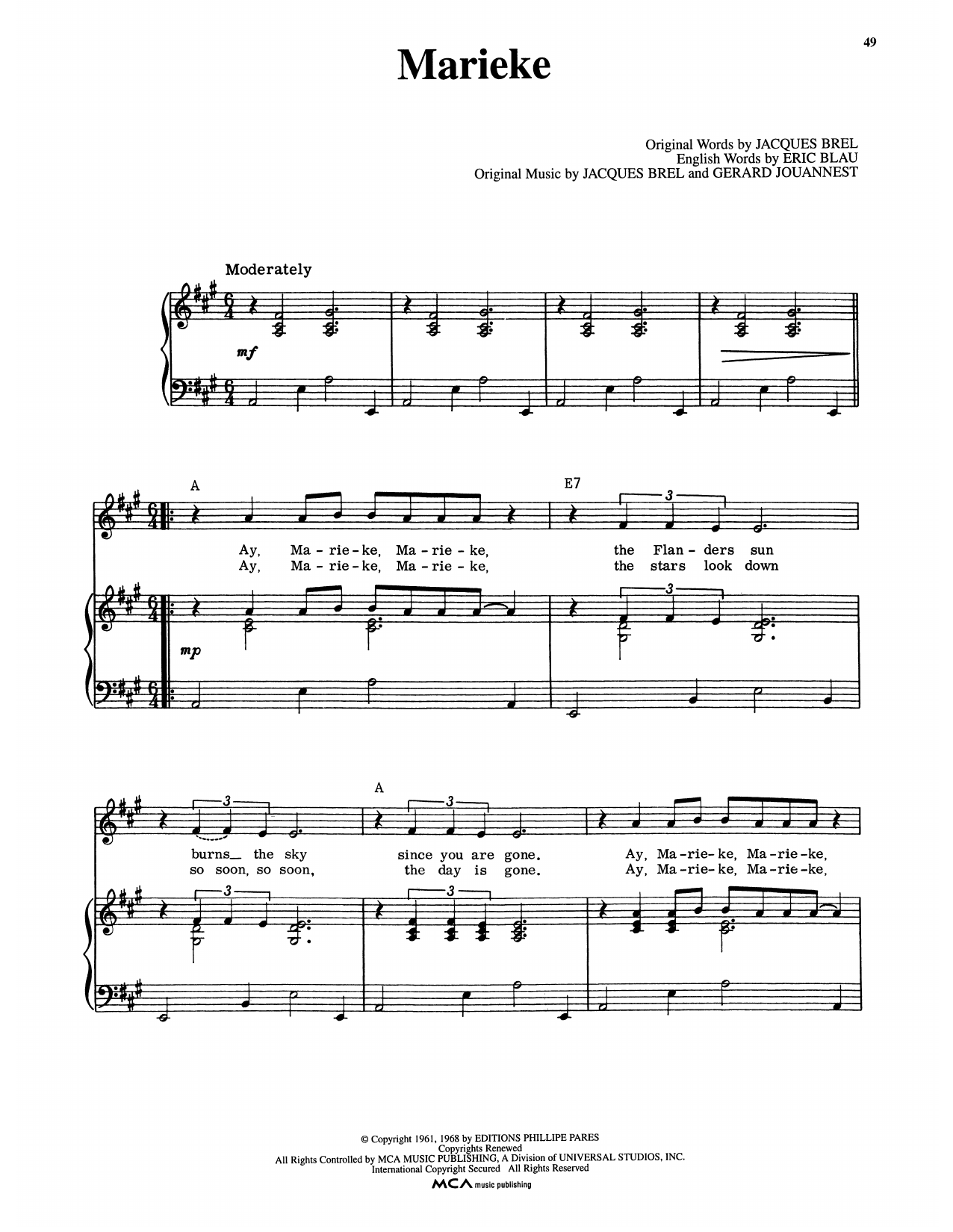 Eric Blau Marieke (from Jacques Brel Is Alive And Well And Living In Paris) Sheet Music Notes & Chords for Piano & Vocal - Download or Print PDF