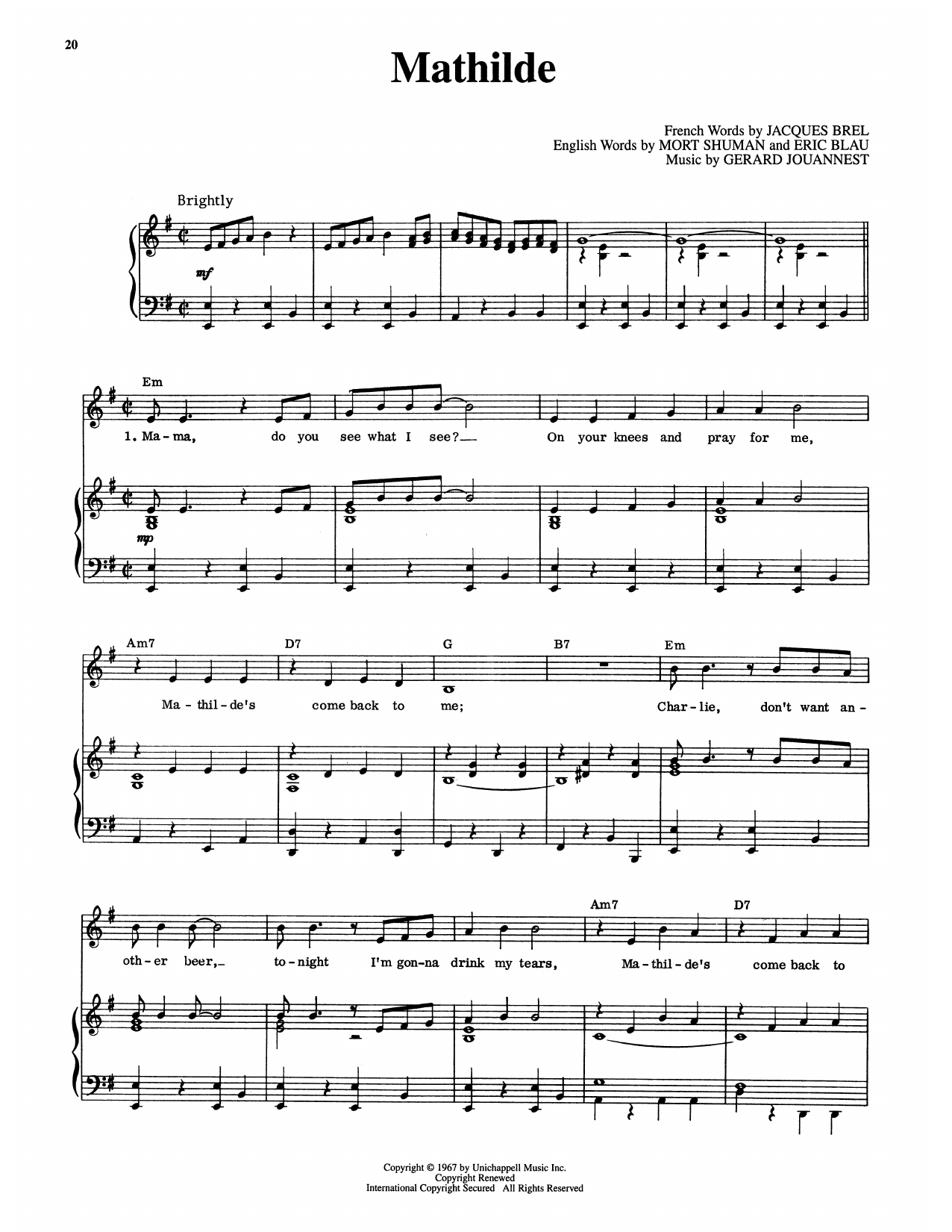 Eric Blau Mathilde (from Jacques Brel Is Alive And Well And Living In Paris) Sheet Music Notes & Chords for Piano & Vocal - Download or Print PDF
