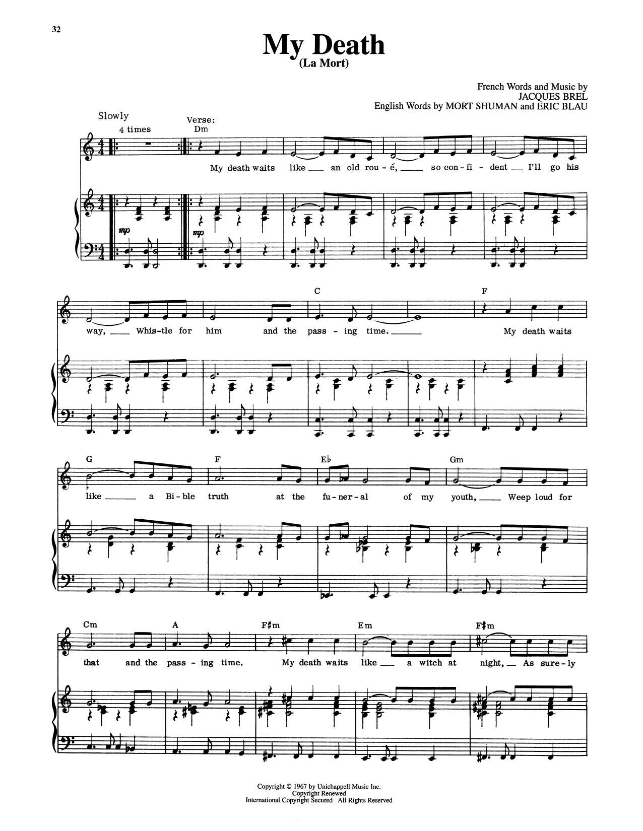 Eric Blau My Death (La Mort) (from Jacques Brel Is Alive And Well And Living In Paris) Sheet Music Notes & Chords for Piano & Vocal - Download or Print PDF
