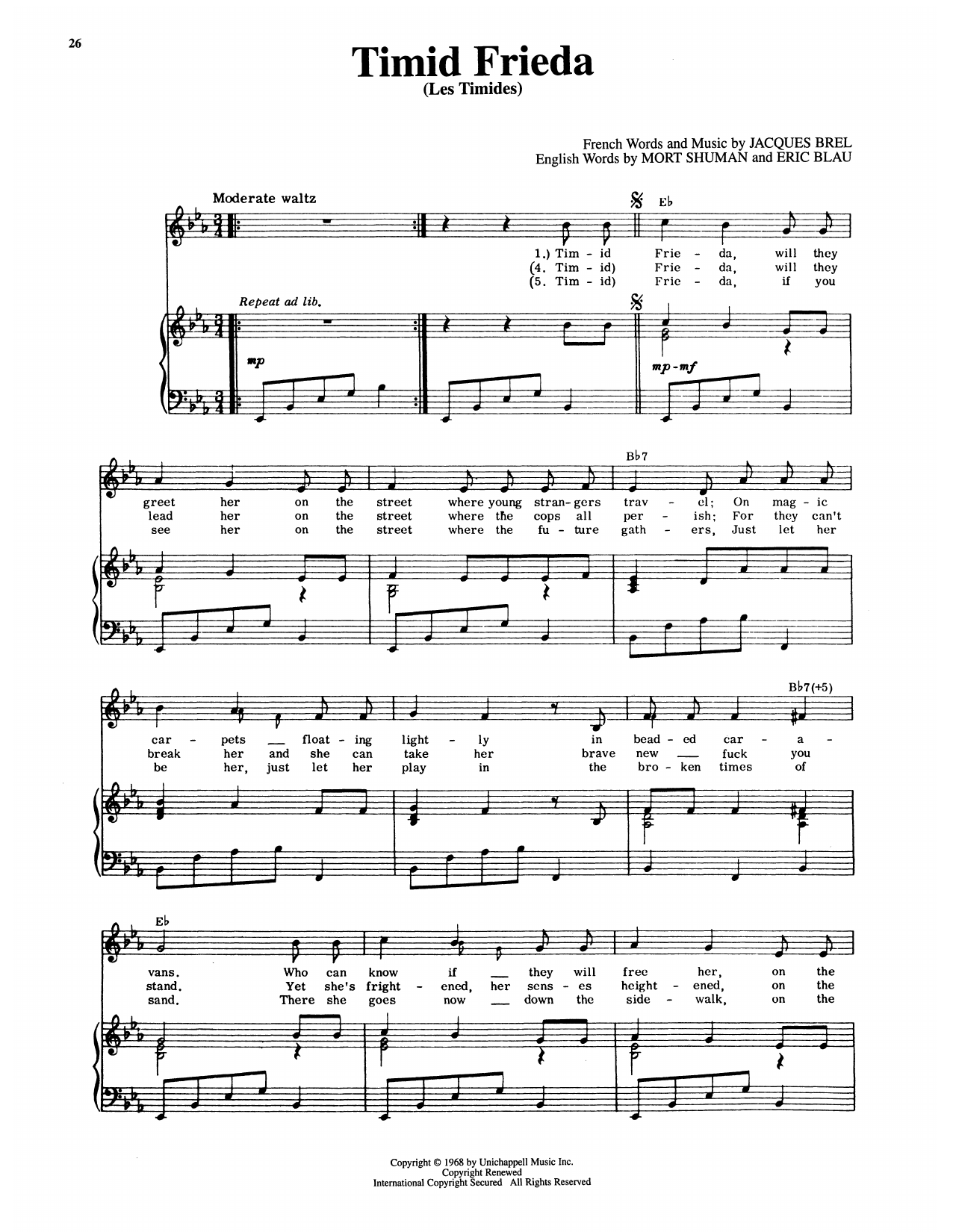 Eric Blau Timid Frieda (Les Timides) (from Jacques Brel Is Alive And Well And Living In Paris) Sheet Music Notes & Chords for Piano & Vocal - Download or Print PDF