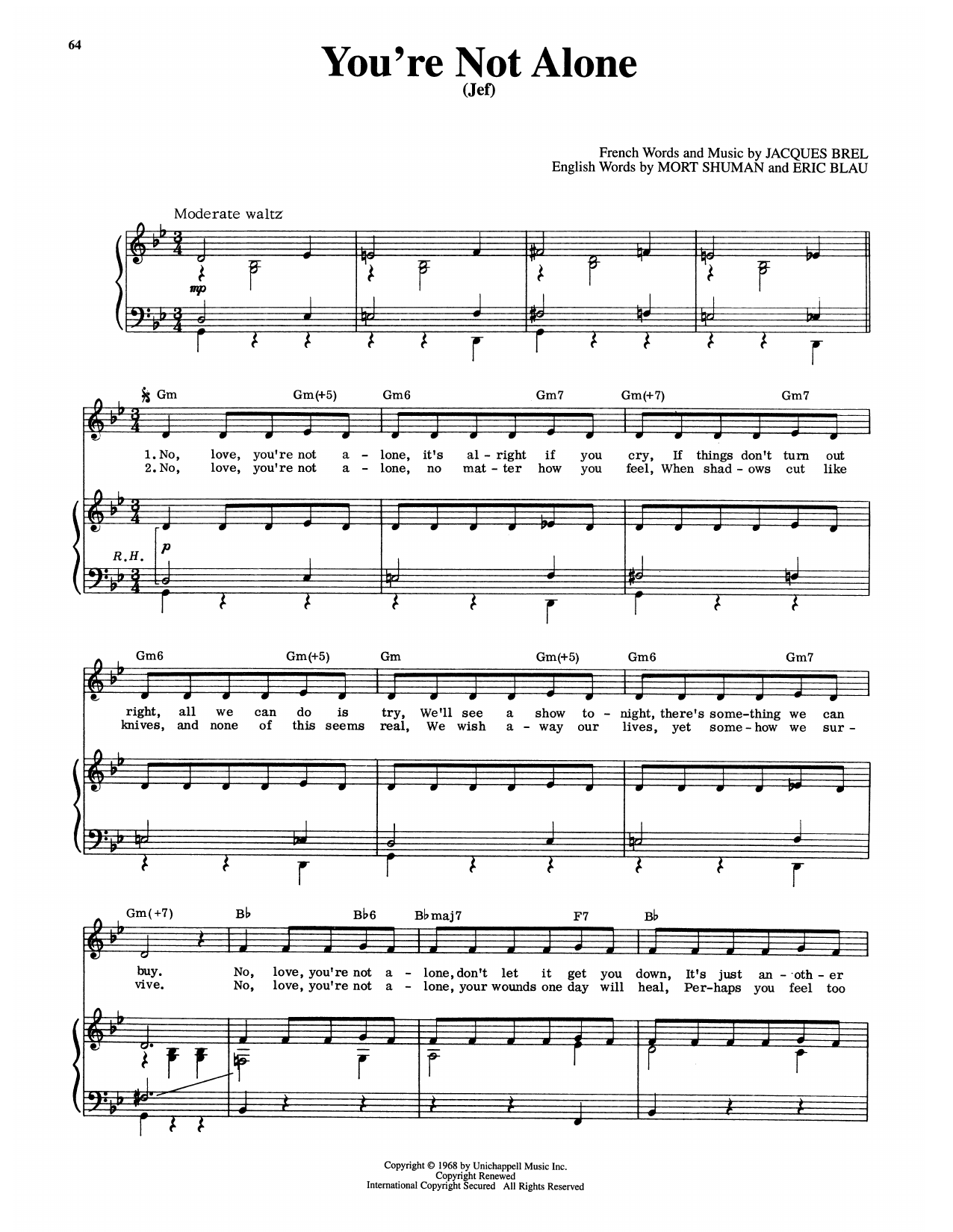 Eric Blau You're Not Alone (Jef) (from Jacques Brel Is Alive And Well And Living In Paris) Sheet Music Notes & Chords for Piano & Vocal - Download or Print PDF