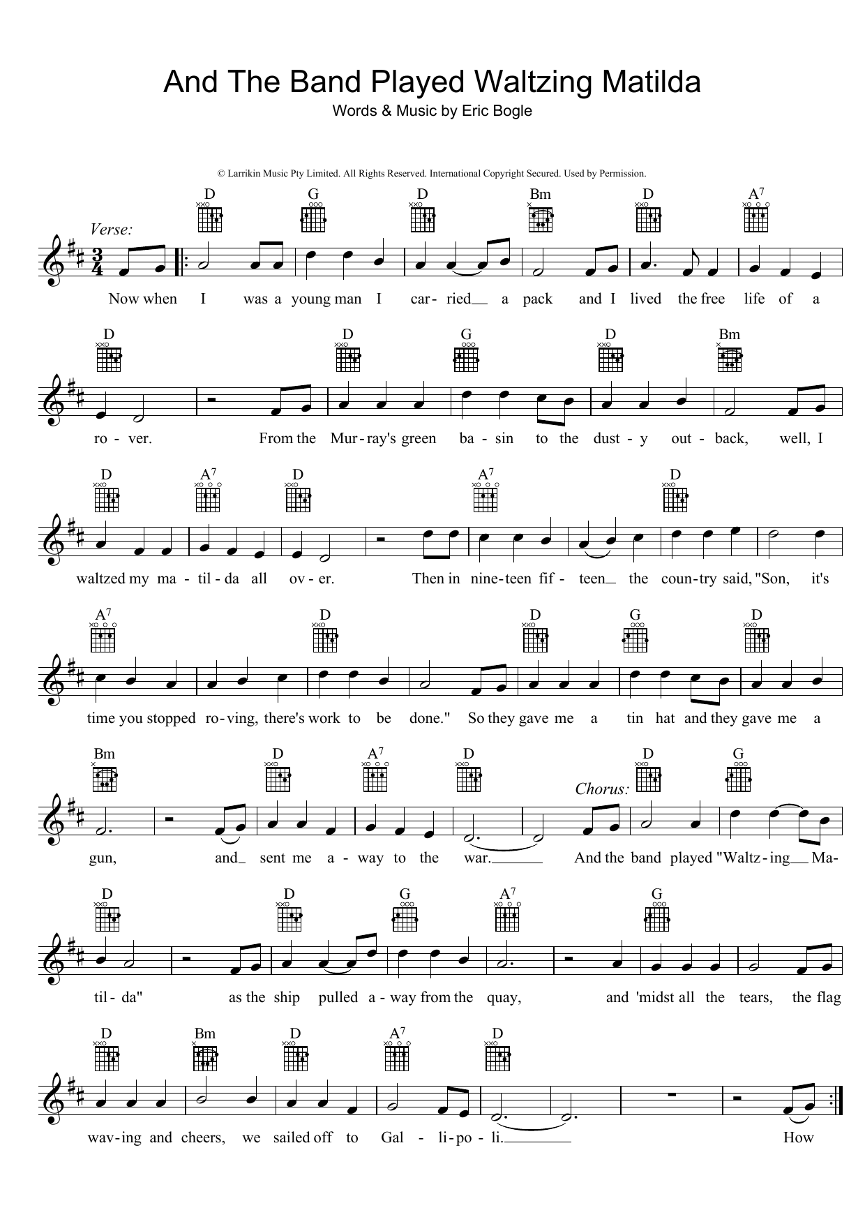 Eric Bogle And The Band Played Waltzing Matilda Sheet Music Notes & Chords for Melody Line, Lyrics & Chords - Download or Print PDF
