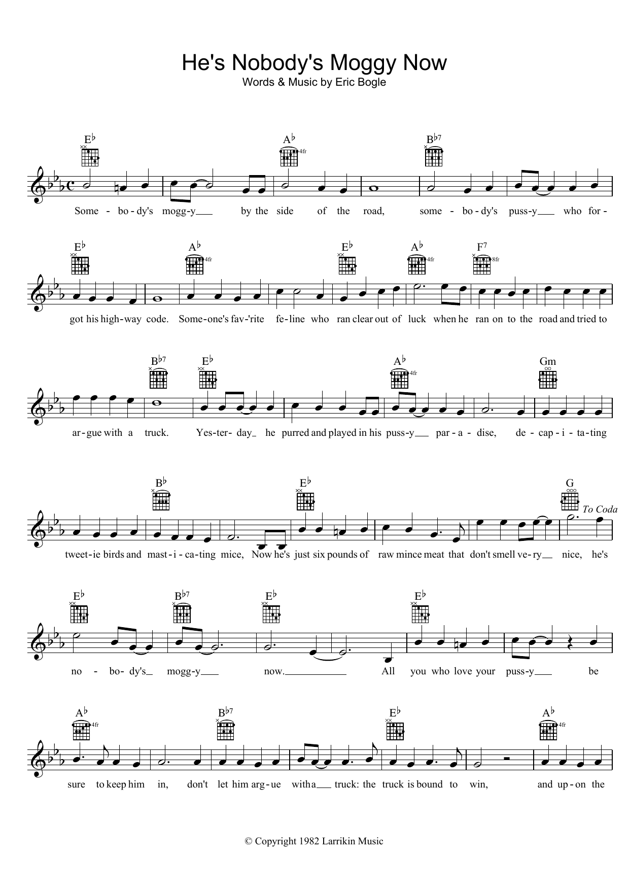 Eric Bogle He's Nobody's Moggy Now Sheet Music Notes & Chords for Melody Line, Lyrics & Chords - Download or Print PDF