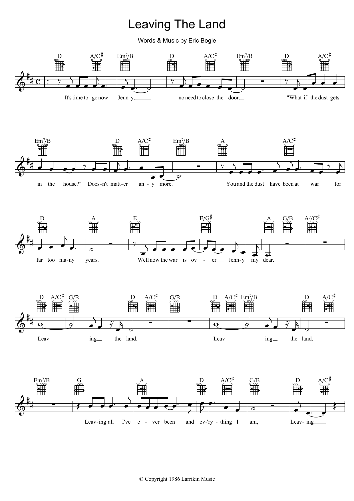 Eric Bogle Leaving The Land Sheet Music Notes & Chords for Melody Line, Lyrics & Chords - Download or Print PDF