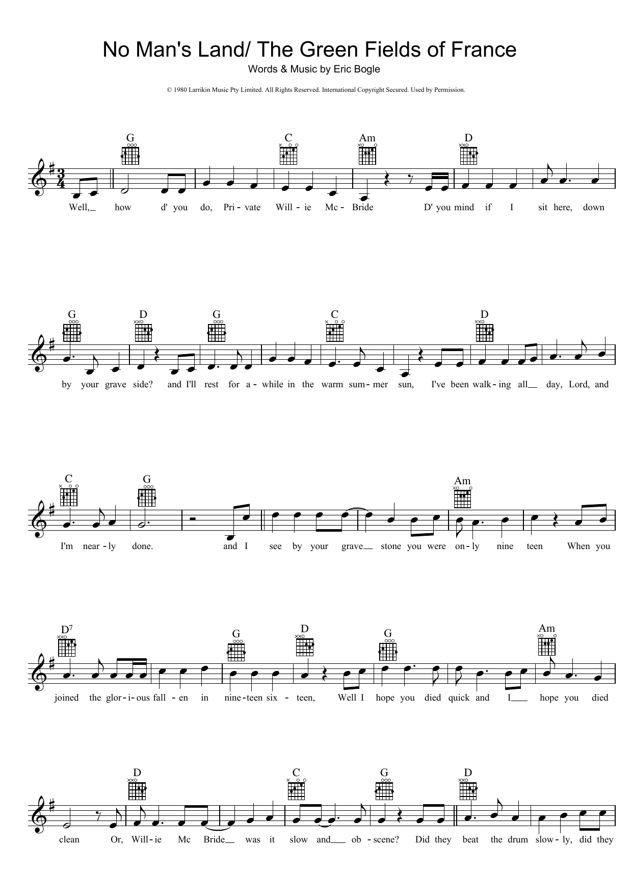 Eric Bogle No Man's Land / The Green Fields Of France Sheet Music Notes & Chords for Melody Line, Lyrics & Chords - Download or Print PDF
