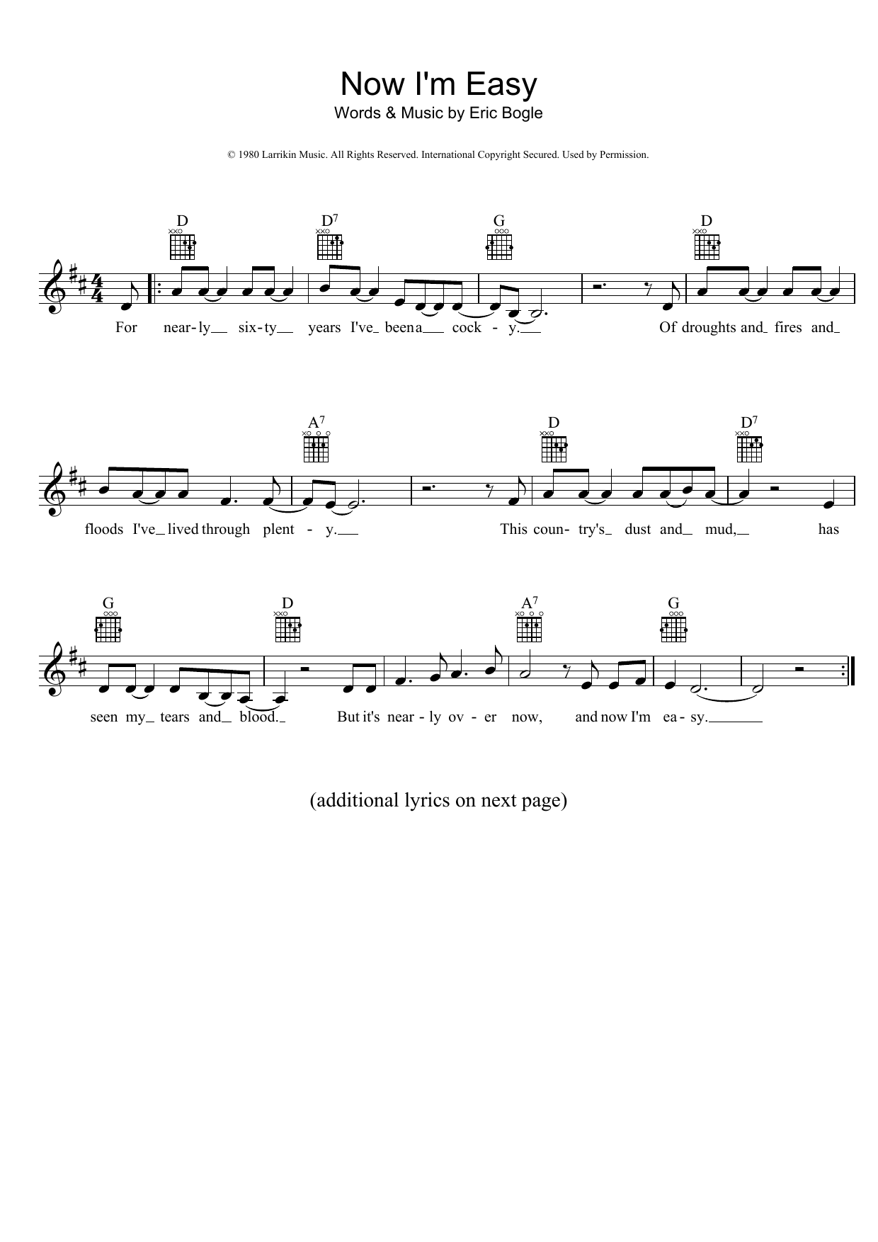 Eric Bogle Now I'm Easy Sheet Music Notes & Chords for Melody Line, Lyrics & Chords - Download or Print PDF