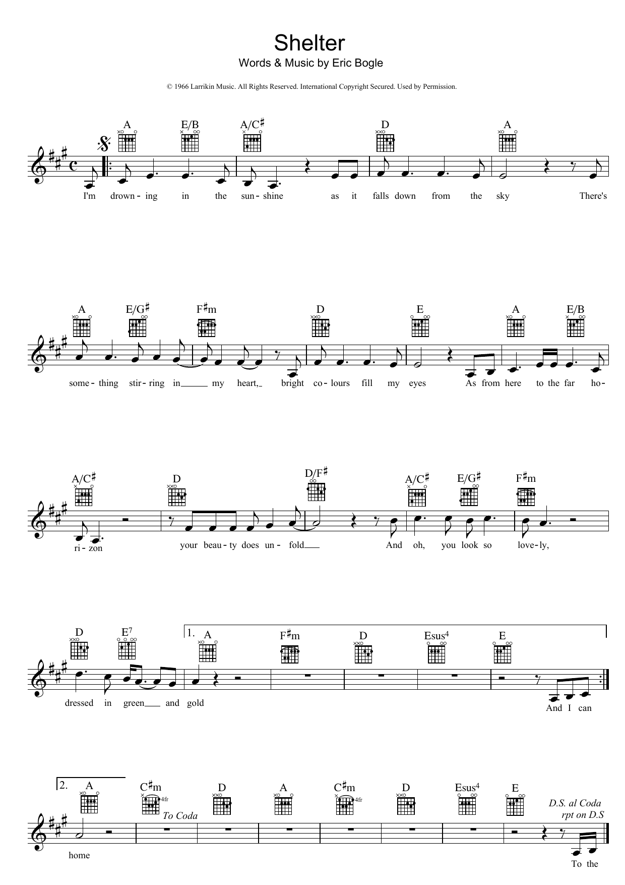Eric Bogle Shelter Sheet Music Notes & Chords for Melody Line, Lyrics & Chords - Download or Print PDF