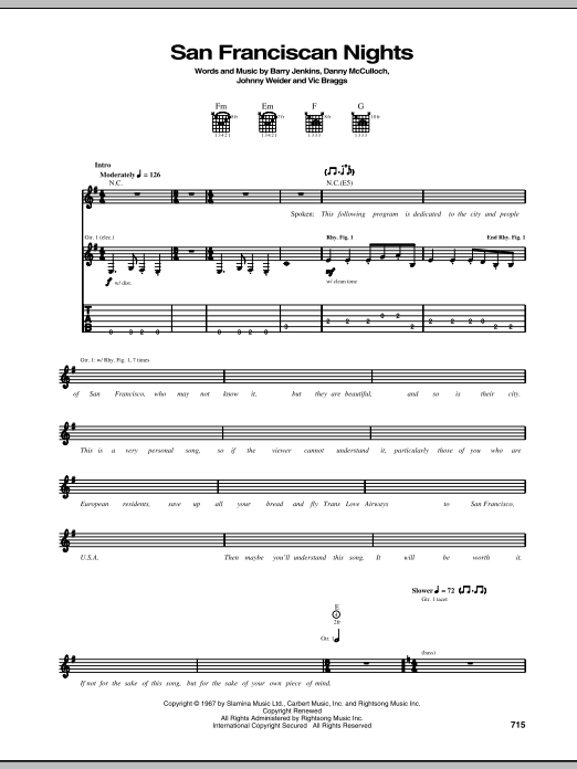 Eric Burdon & The Animals San Franciscan Nights Sheet Music Notes & Chords for Piano, Vocal & Guitar (Right-Hand Melody) - Download or Print PDF