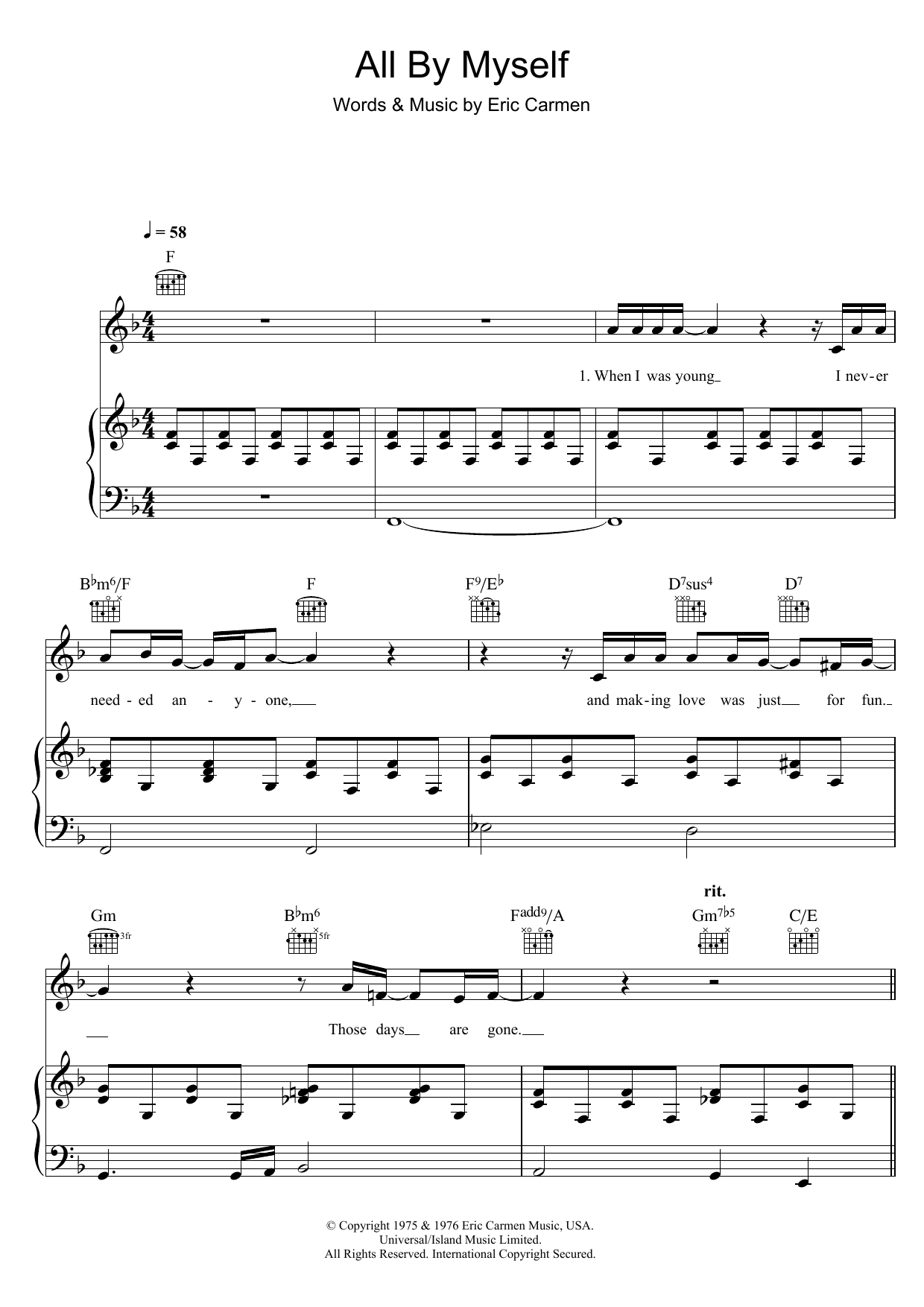 Eric Carmen All By Myself Sheet Music Notes & Chords for Lead Sheet / Fake Book - Download or Print PDF