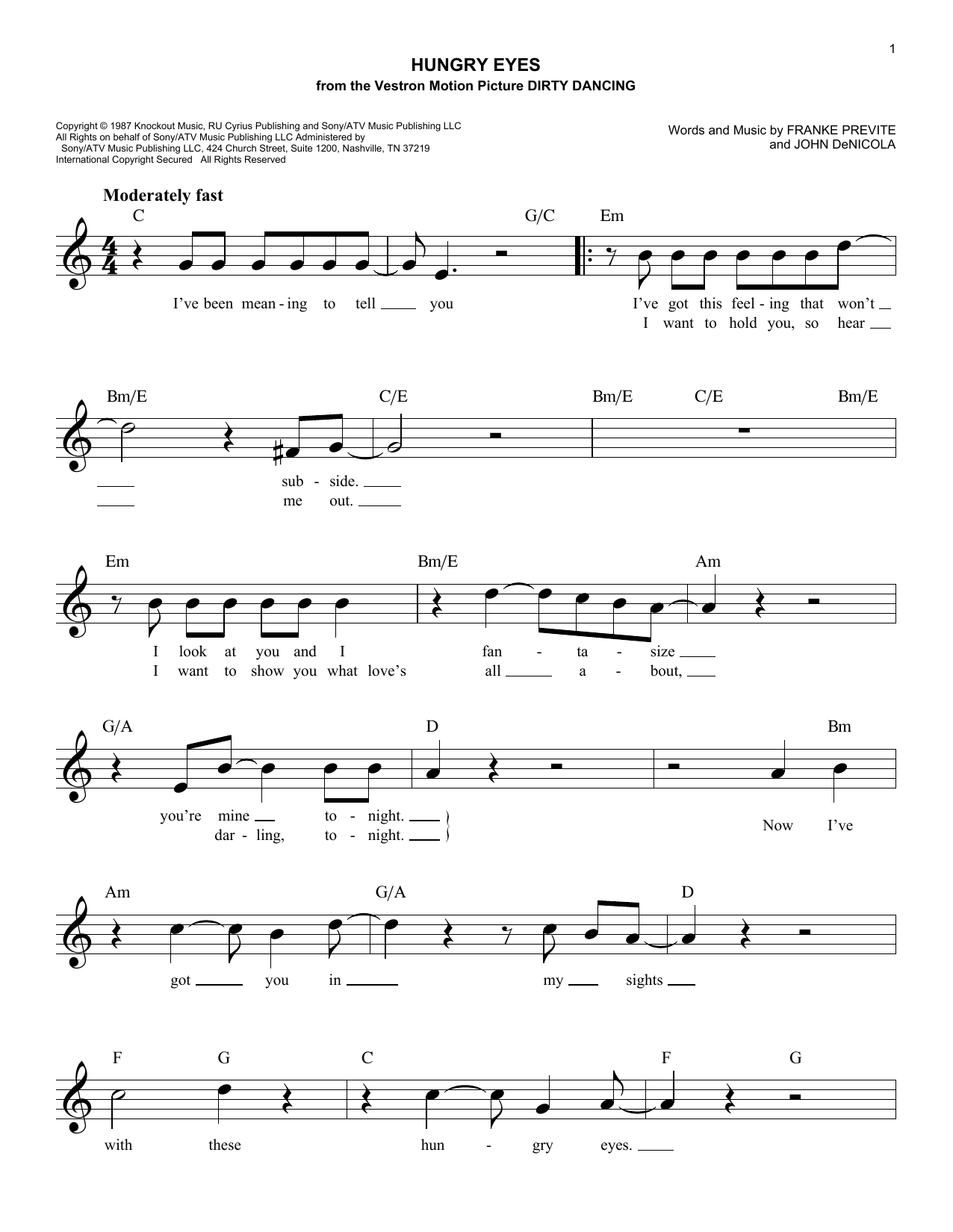 Eric Carmen Hungry Eyes (from Dirty Dancing) Sheet Music Notes & Chords for Piano, Vocal & Guitar Chords (Right-Hand Melody) - Download or Print PDF