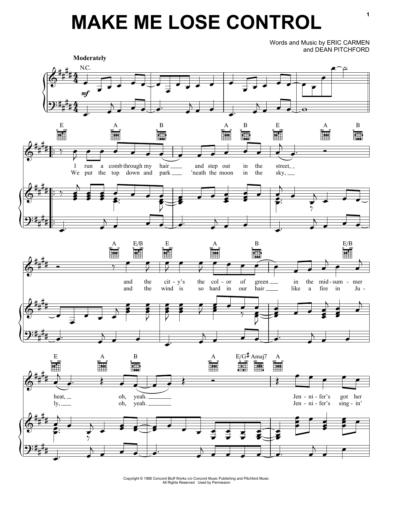 Eric Carmen Make Me Lose Control Sheet Music Notes & Chords for Piano, Vocal & Guitar (Right-Hand Melody) - Download or Print PDF