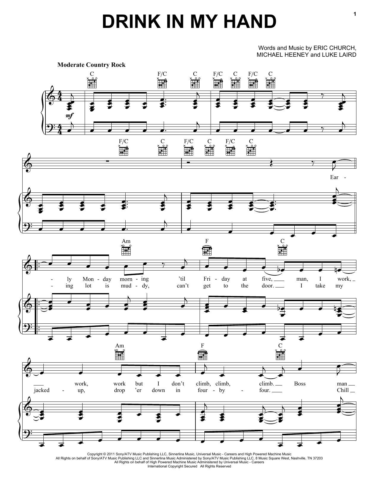 Eric Church Drink In My Hand Sheet Music Notes & Chords for Guitar Tab Play-Along - Download or Print PDF