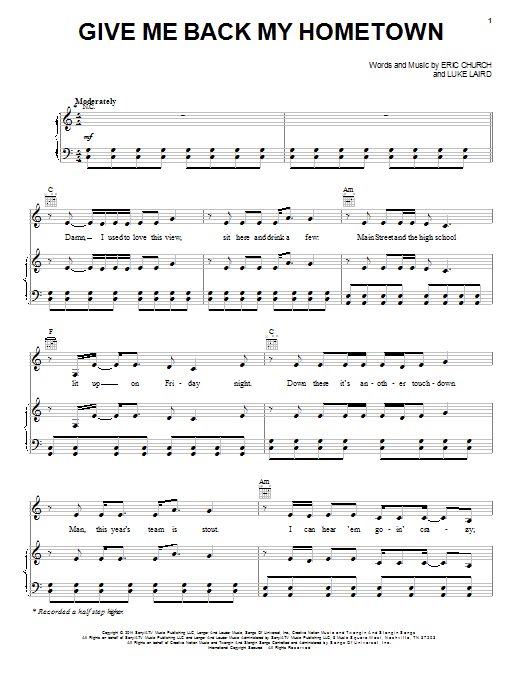 Eric Church Give Me Back My Hometown Sheet Music Notes & Chords for Piano, Vocal & Guitar (Right-Hand Melody) - Download or Print PDF