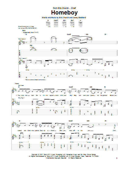 Eric Church Homeboy Sheet Music Notes & Chords for Guitar Tab - Download or Print PDF