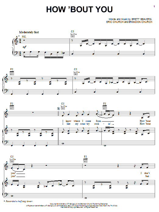 Eric Church How 'Bout You Sheet Music Notes & Chords for Piano, Vocal & Guitar (Right-Hand Melody) - Download or Print PDF