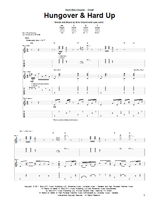 Eric Church Hungover & Hard Up Sheet Music Notes & Chords for Guitar Tab - Download or Print PDF