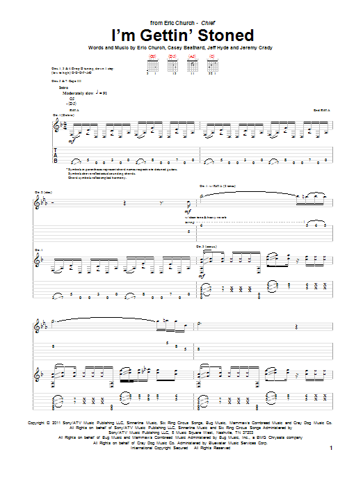 Eric Church I'm Gettin' Stoned Sheet Music Notes & Chords for Guitar Tab - Download or Print PDF