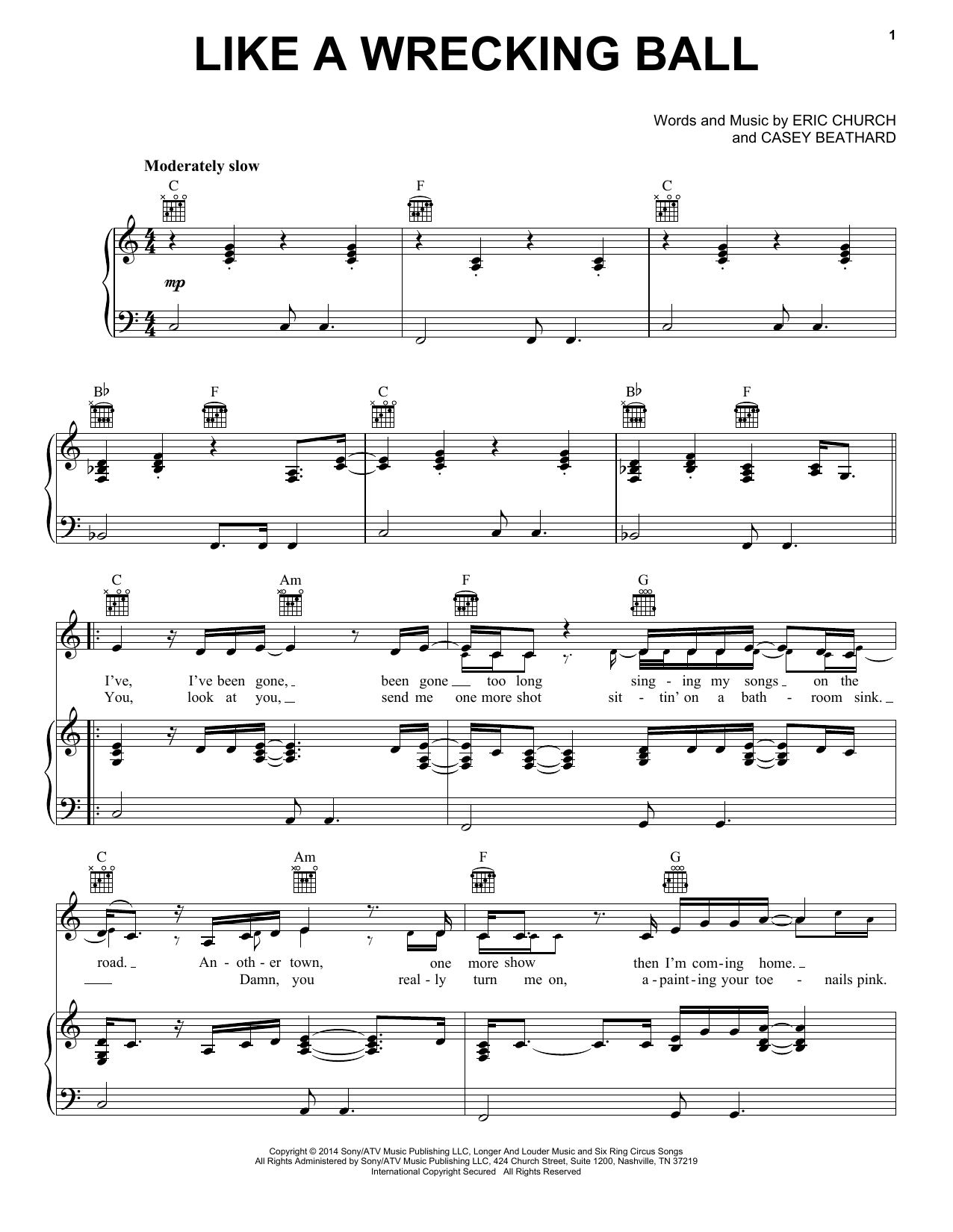 Eric Church Like A Wrecking Ball Sheet Music Notes & Chords for Piano, Vocal & Guitar (Right-Hand Melody) - Download or Print PDF