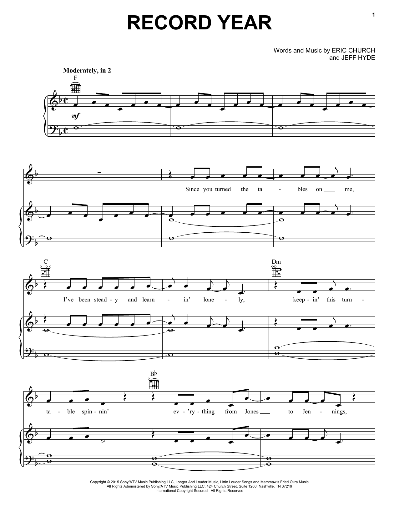 Eric Church Record Year Sheet Music Notes & Chords for Piano, Vocal & Guitar (Right-Hand Melody) - Download or Print PDF