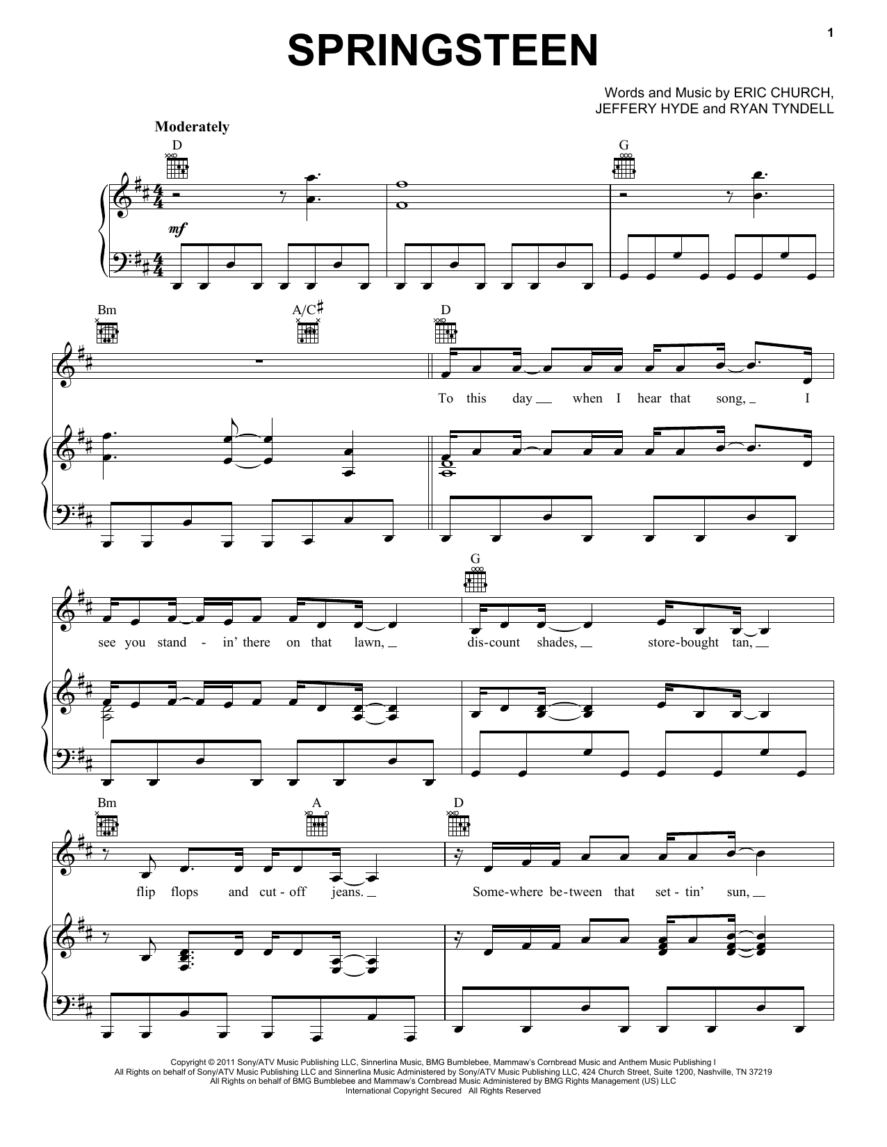 Eric Church Springsteen Sheet Music Notes & Chords for Lyrics & Chords - Download or Print PDF
