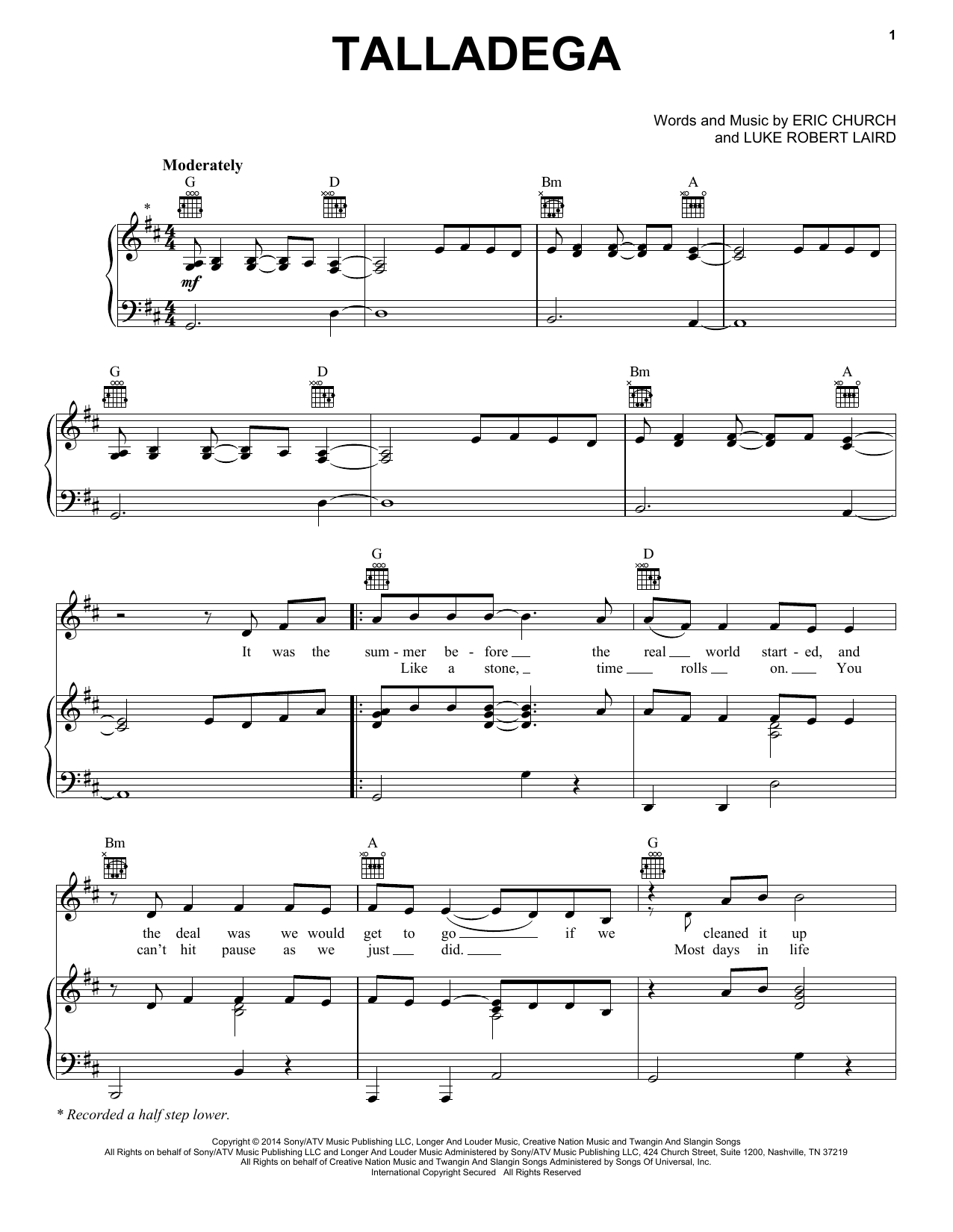 Eric Church Talladega Sheet Music Notes & Chords for Piano, Vocal & Guitar (Right-Hand Melody) - Download or Print PDF