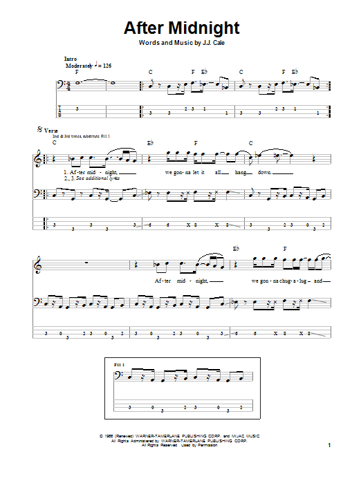 Eric Clapton After Midnight Sheet Music Notes & Chords for Bass Guitar Tab - Download or Print PDF