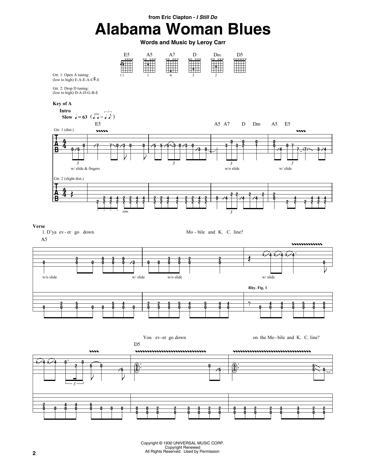 Eric Clapton Alabama Woman Blues Sheet Music Notes & Chords for Guitar Tab - Download or Print PDF