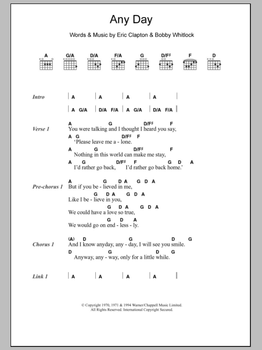 Eric Clapton Any Day Sheet Music Notes & Chords for Lyrics & Chords - Download or Print PDF