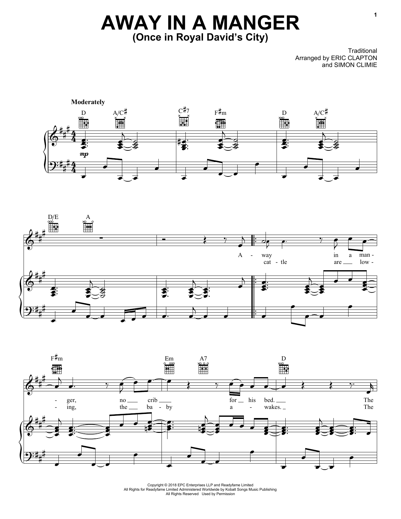 Eric Clapton Away In A Manger (Once In Royal David's City) Sheet Music Notes & Chords for Piano, Vocal & Guitar (Right-Hand Melody) - Download or Print PDF