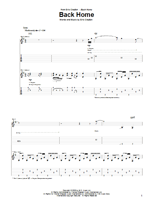 Eric Clapton Back Home Sheet Music Notes & Chords for Lyrics & Chords - Download or Print PDF