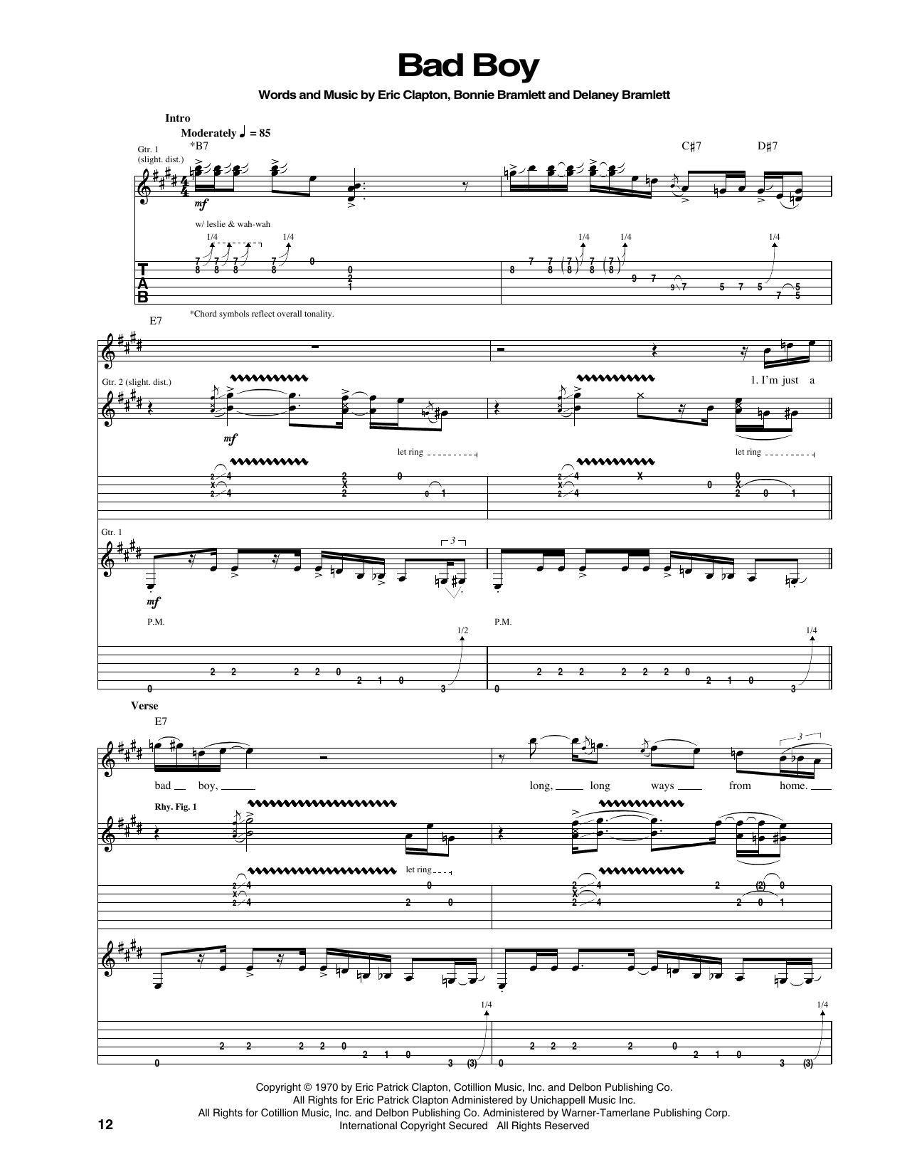 Eric Clapton Bad Boy Sheet Music Notes & Chords for Guitar Tab - Download or Print PDF