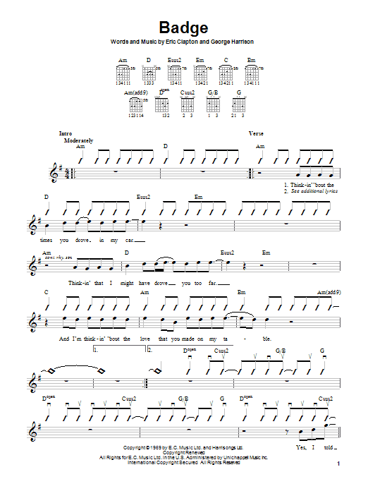 Eric Clapton Badge Sheet Music Notes & Chords for Guitar with strumming patterns - Download or Print PDF