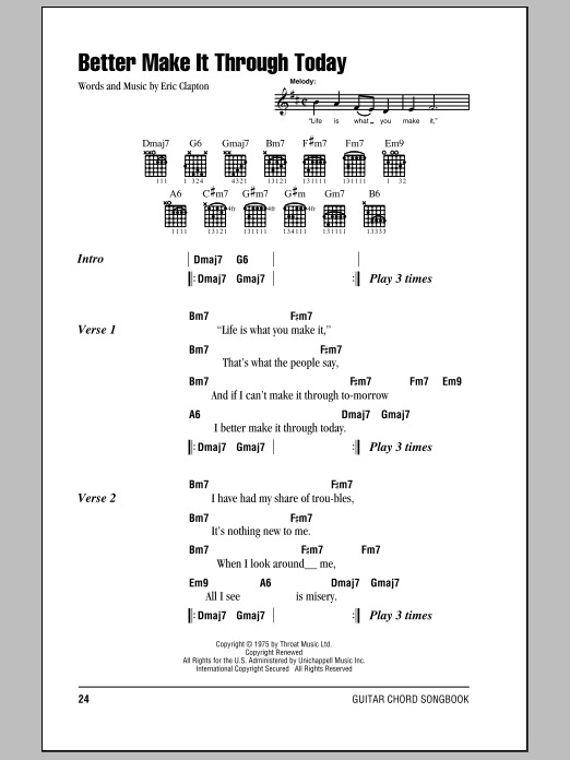 Eric Clapton Better Make It Through Today Sheet Music Notes & Chords for Lyrics & Chords - Download or Print PDF