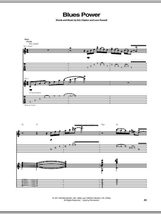 Eric Clapton Blues Power Sheet Music Notes & Chords for Lyrics & Chords - Download or Print PDF