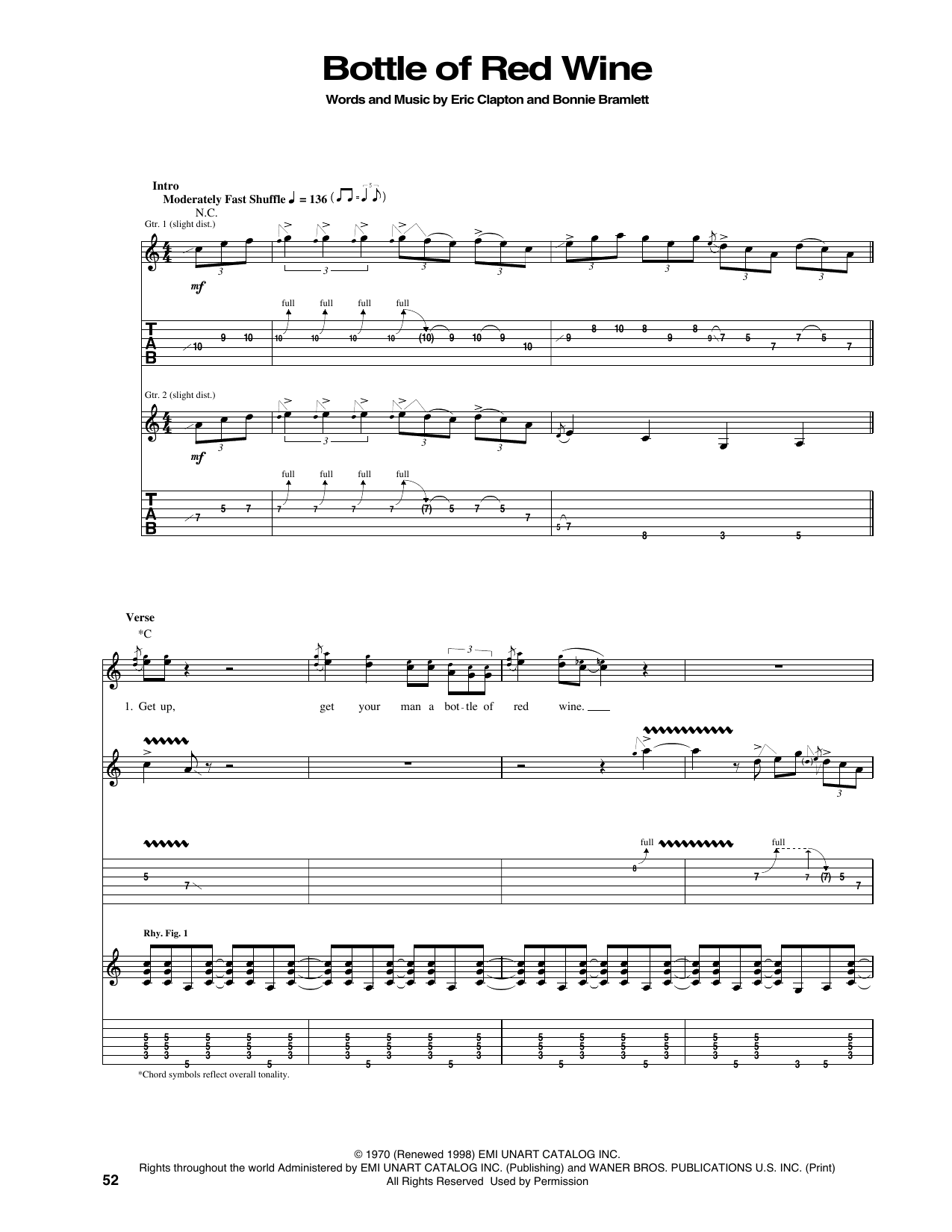Eric Clapton Bottle Of Red Wine Sheet Music Notes & Chords for Guitar Tab - Download or Print PDF