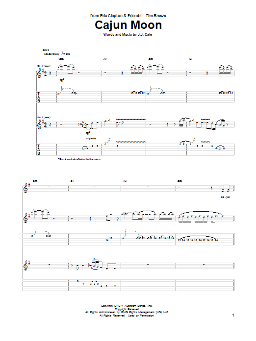 Eric Clapton Cajun Moon Sheet Music Notes & Chords for Guitar Tab - Download or Print PDF