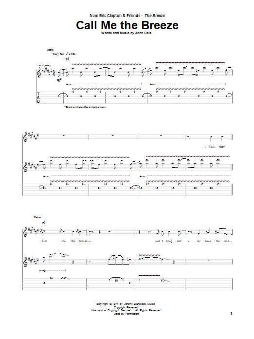 Eric Clapton Call Me The Breeze Sheet Music Notes & Chords for Guitar Tab - Download or Print PDF