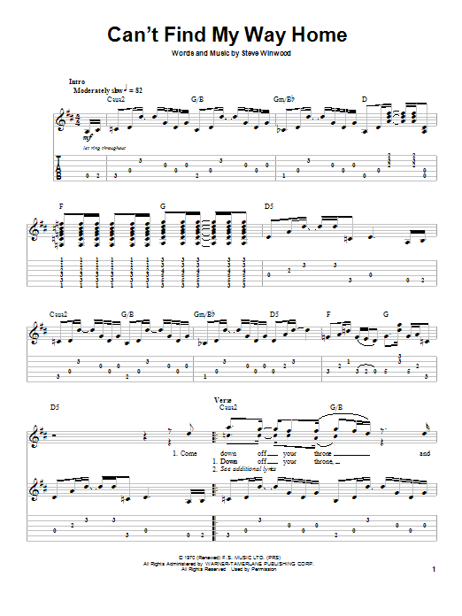 Eric Clapton Can't Find My Way Home Sheet Music Notes & Chords for Guitar Tab Play-Along - Download or Print PDF